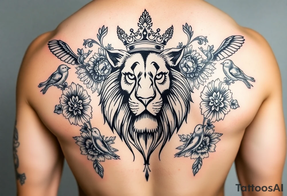 powerful majestic lion with a crown, surrounded by floral ornaments and birds tattoo idea