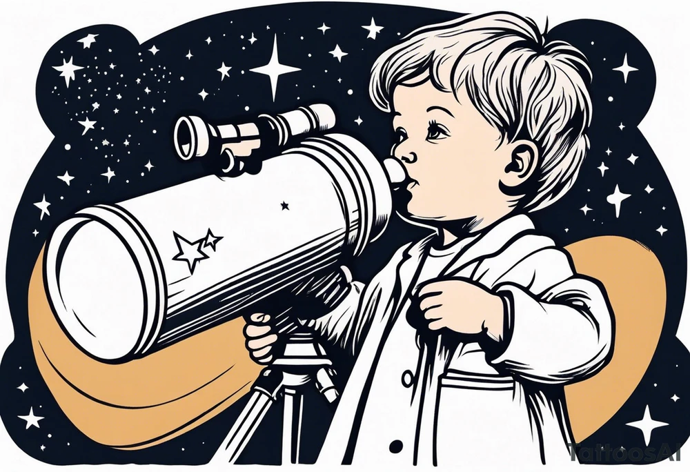 Small baby in a lab coat looking up at the stars through a telescope tattoo idea