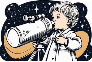 Small baby in a lab coat looking up at the stars through a telescope tattoo idea