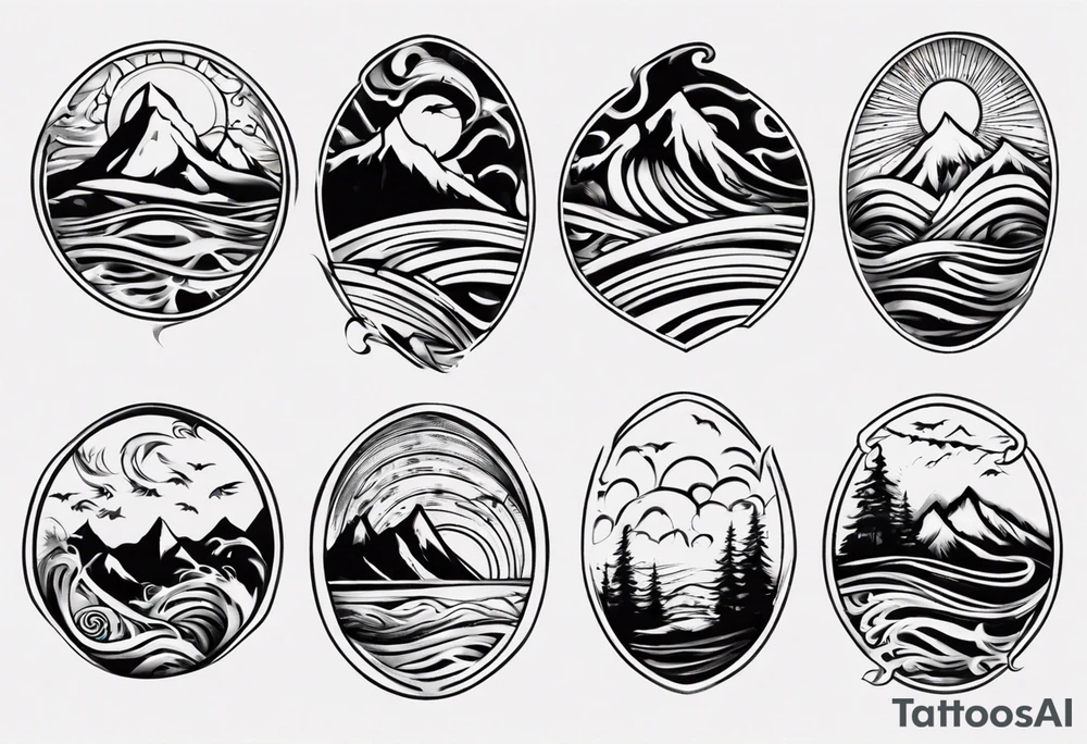 sleeve, mountains, waves, sun, trees tattoo idea