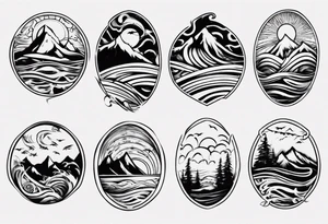 sleeve, mountains, waves, sun, trees tattoo idea