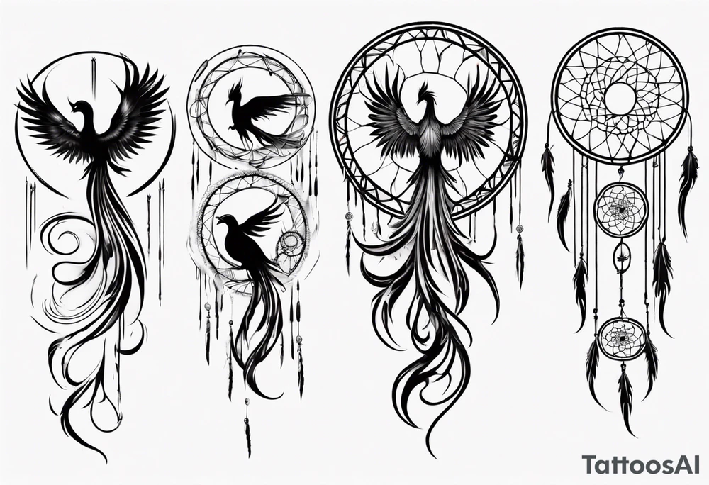 Vertical screaming Phoenix in circles with abstract dream catcher tail tattoo idea Vertical screaming Phoenix in circles with abstract dream catcher tail tattoo idea