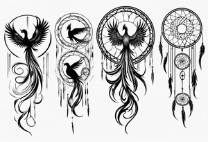 Vertical screaming Phoenix in circles with abstract dream catcher tail tattoo idea