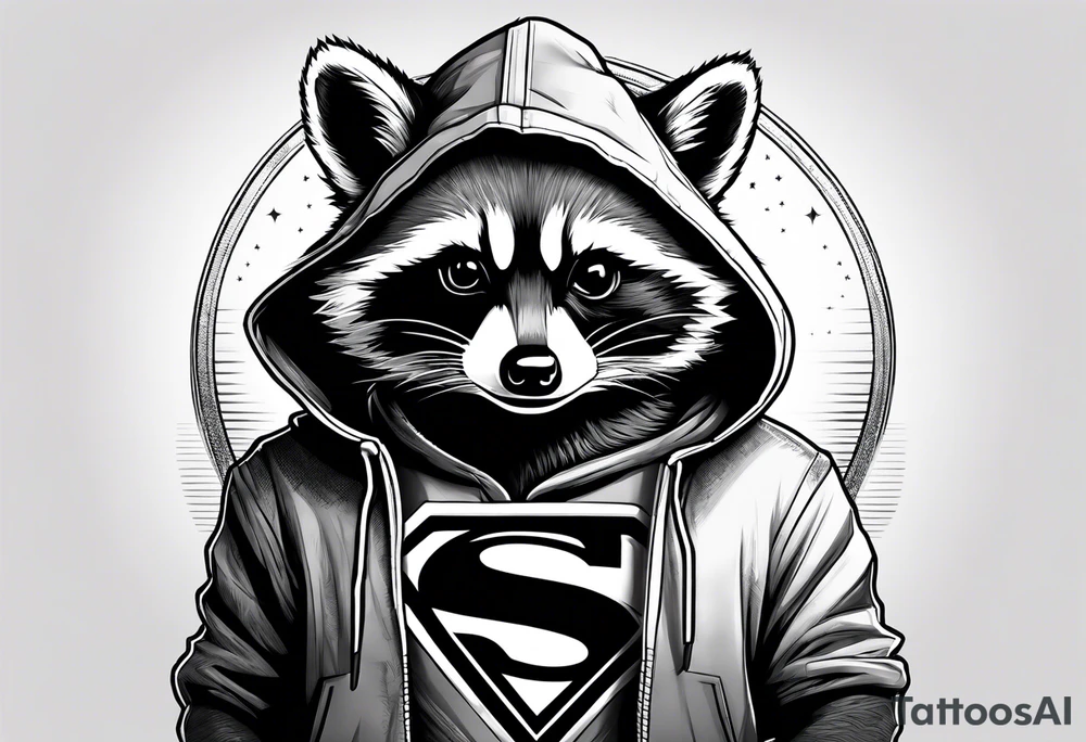 Raccoon wearing a Superman hoodie tattoo idea