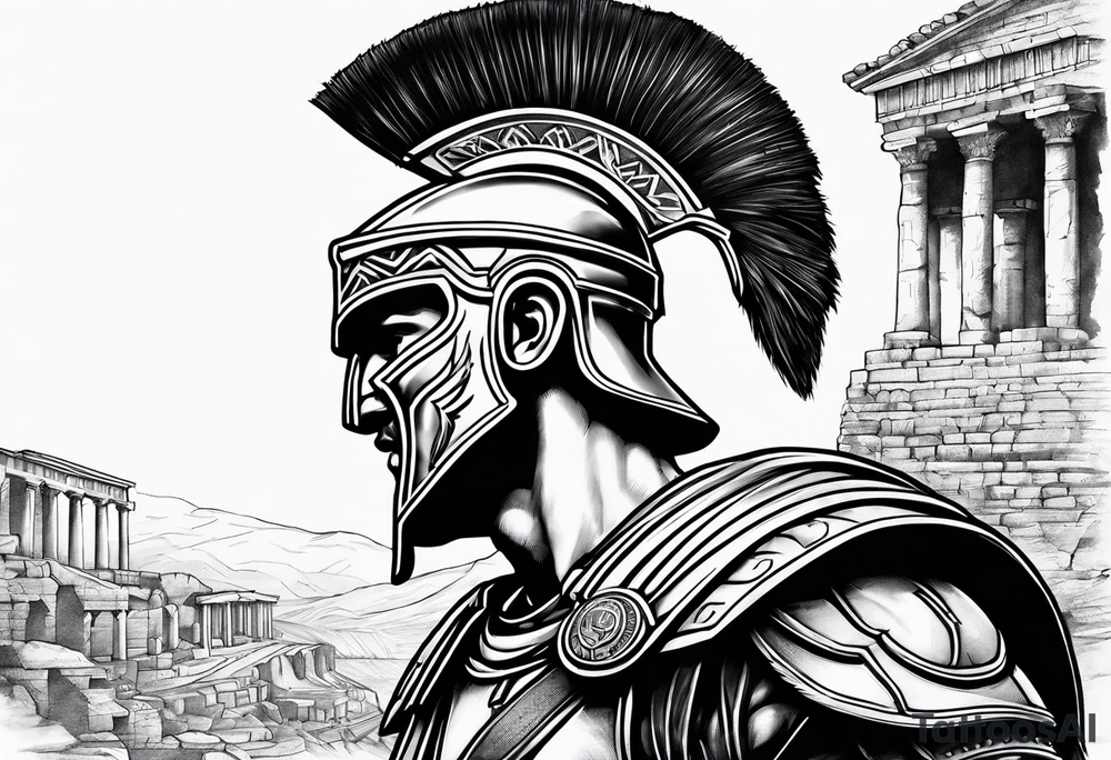 Side profile Spartan Solider ancient roman city in the background tattoo idea