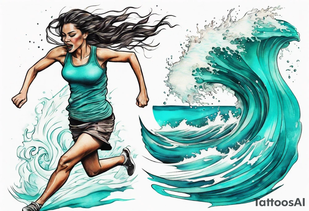 a turquoise water woman running through crashing waves tattoo idea
