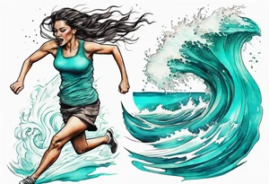 a turquoise water woman running through crashing waves tattoo idea