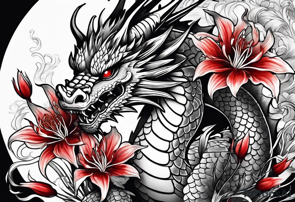 full Dragon with red Spider lilies surrounding it tattoo idea