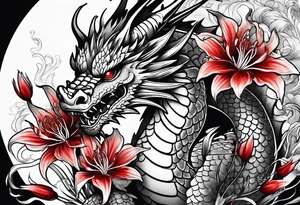 full Dragon with red Spider lilies surrounding it tattoo idea