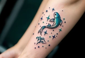 In this tattoo, a gradient of sea-green and teal forms the Pisces stars with the zodiac glyph in matching hues. tattoo idea