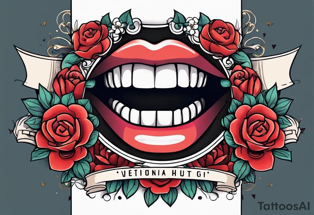 traditional vintage tattoo of mouth singing in microphone simple  flowers and banner
no face tattoo idea