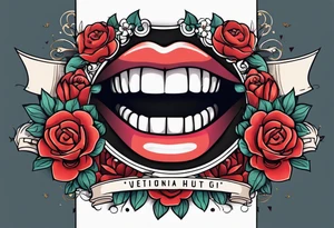 traditional vintage tattoo of mouth singing in microphone simple  flowers and banner
no face tattoo idea