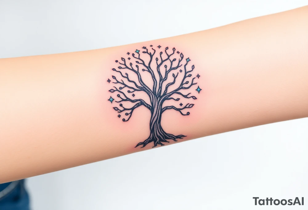 mystical tree of life with cosmic roots and celestial branches tattoo idea