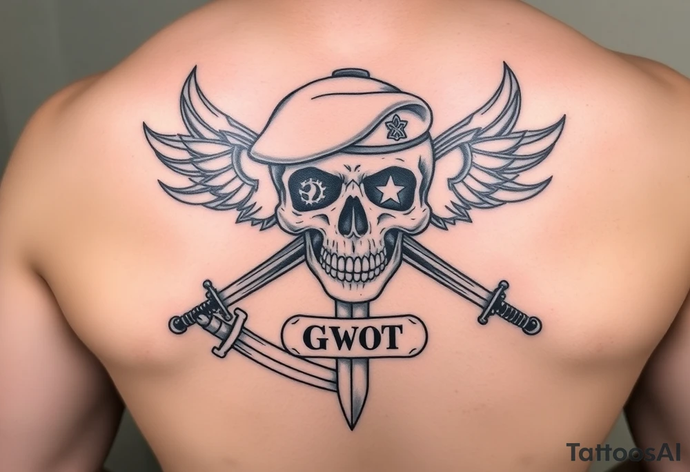 Create me military tattoo with skull, sword, beret in skull and word that say GWOT kid tattoo idea