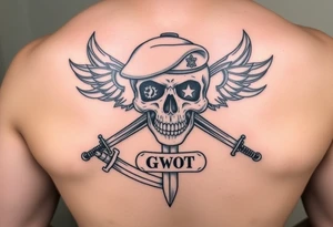 Create me military tattoo with skull, sword, beret in skull and word that say GWOT kid tattoo idea