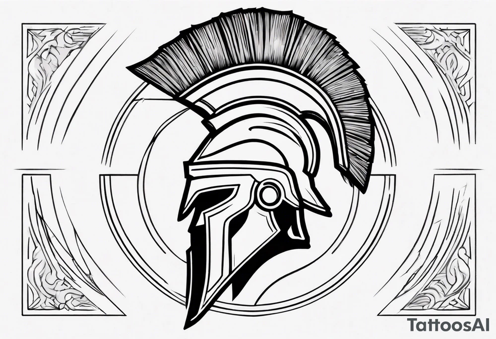 rectangular landscape format ultra-fine line linework vector of a spartan from the side, spartan spear, spartan shield, laurel wreath tattoo idea