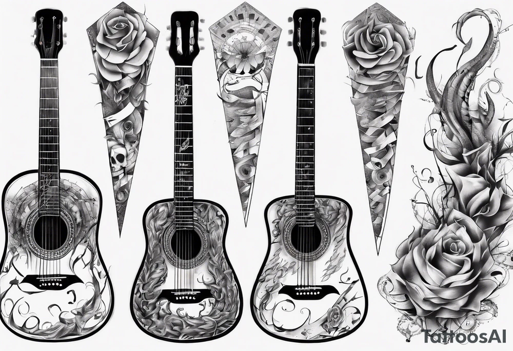 Acoustic Guitar neck with strings made of signatures emerging from skin tattoo idea