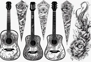 Acoustic Guitar neck with strings made of signatures emerging from skin tattoo idea