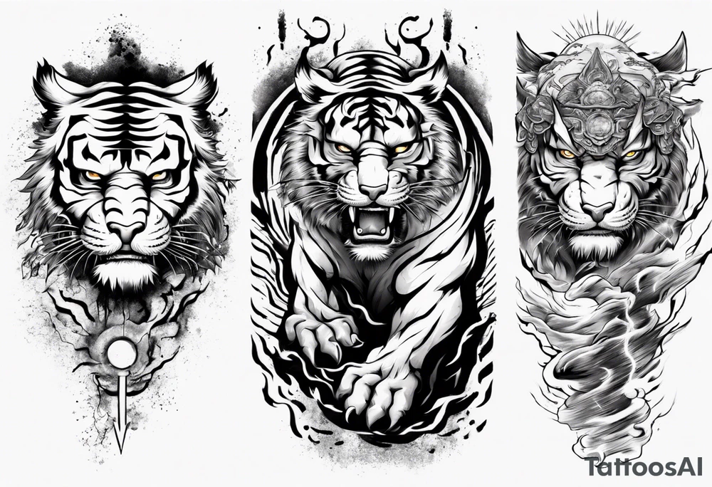 tiger warrior with lightning and the sun for a forearm sleeve tattoo idea