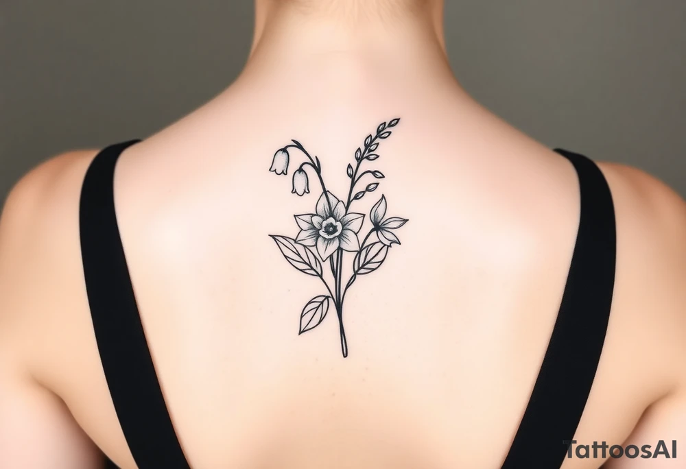 Simple small design in black bunch of flowers 1 lily of the valley 1 daffodil 1 holly 1 larkspur tattoo idea