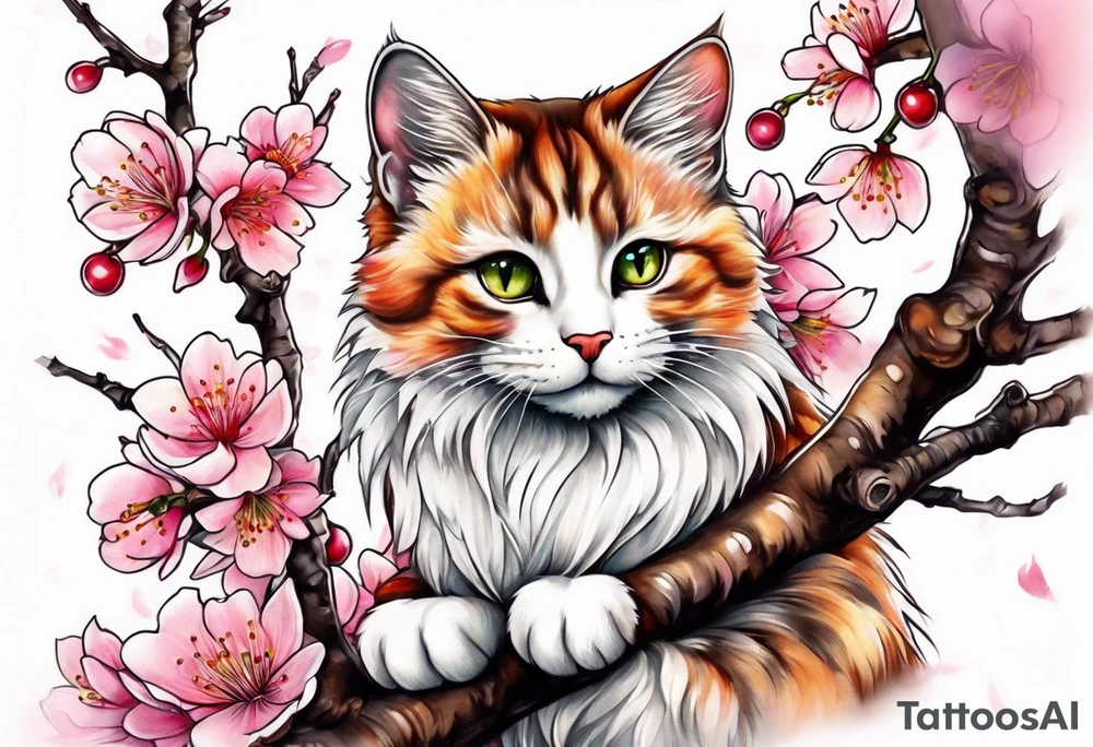 A kitty perched upon a cherry blossom  branch tattoo idea