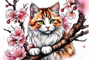 A kitty perched upon a cherry blossom  branch tattoo idea