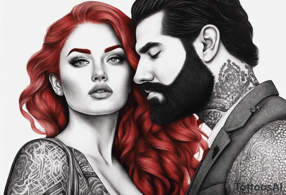 Busty red haired woman with a bearded man who has black hair tattoo idea