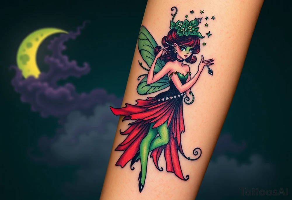 Tim Burton’s pin up style Vintage Parisian elegant and beautiful yet eerie full body absinthe Green Fairy dances outside her victorian crystal decatur absinthe bottle Absinthe Art Nouveau   and dripping with muted reds, dusty pinks, and eerie green glow.purple and cyan smokey clouds swirl in the crescent moonlit sky thats sprinkled with stars tattoo idea