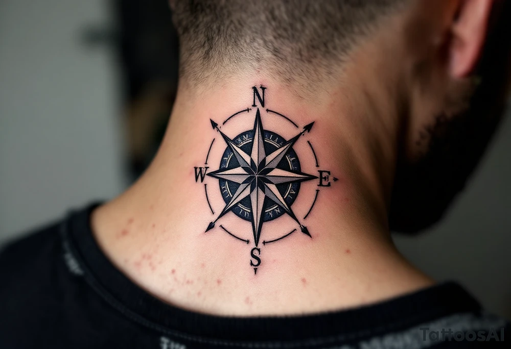 A classic black family tattoo beneath a compass rose with deep navy and silver accents. tattoo idea
