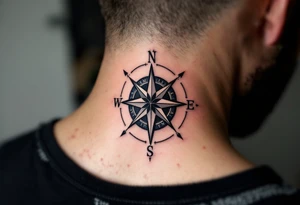 A classic black family tattoo beneath a compass rose with deep navy and silver accents. tattoo idea