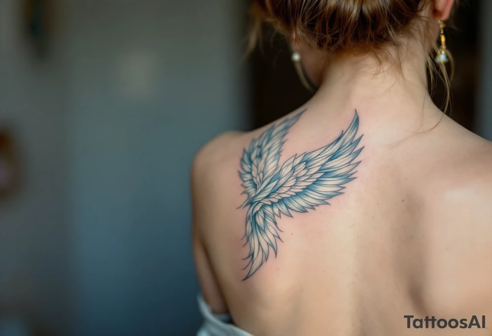 A graceful guardian angel with large feathered wings. The color palette includes light blue, silver, and soft white, symbolizing Virgo’s protective and pure energy. tattoo idea