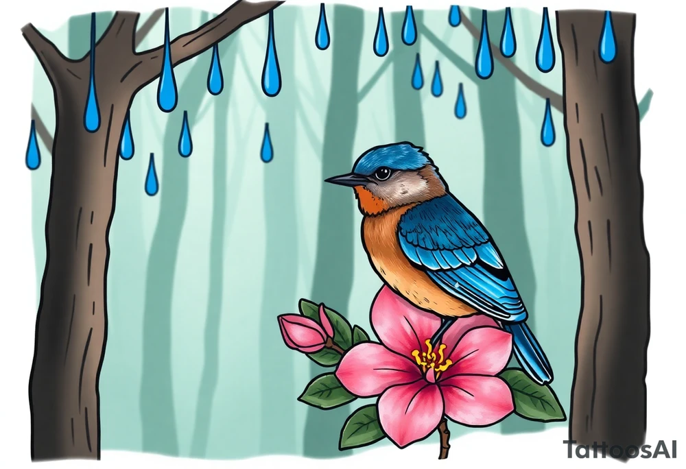 forest background with blue rain drops, pink camelia flower and blue and brown wren bird tattoo idea