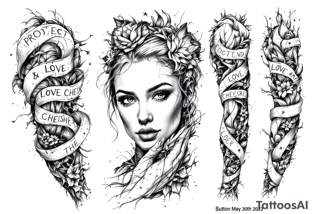 Full sleeve with the words, protect, love, and cherish. With my daughters name “Sutton” and her birthday May 30th 2023 tattoo idea