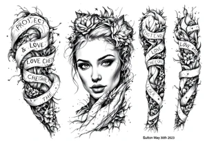 Full sleeve with the words, protect, love, and cherish. With my daughters name “Sutton” and her birthday May 30th 2023 tattoo idea