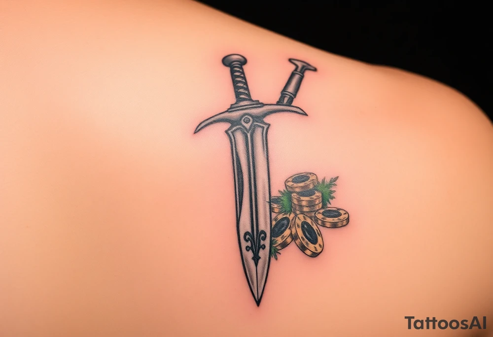Pirate sword with moss and gold coins tattoo idea