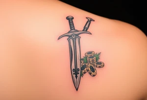 Pirate sword with moss and gold coins tattoo idea