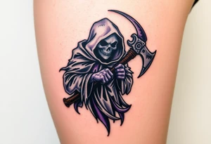 A grim reaper holding a battle axe, with shadows and dark tones of black, deep purple, and grey, representing death and darkness. tattoo idea