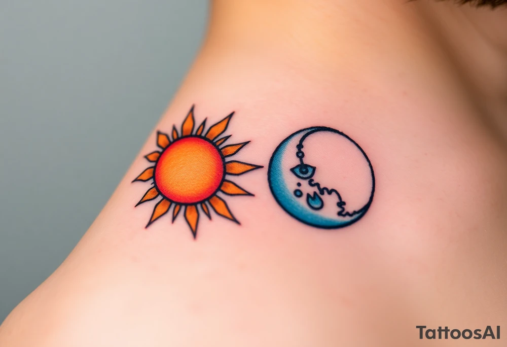 Matching sun and moon tattoos in warm orange and cool blue signify balance and harmony between father and kids. tattoo idea