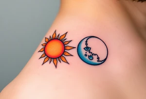 Matching sun and moon tattoos in warm orange and cool blue signify balance and harmony between father and kids. tattoo idea