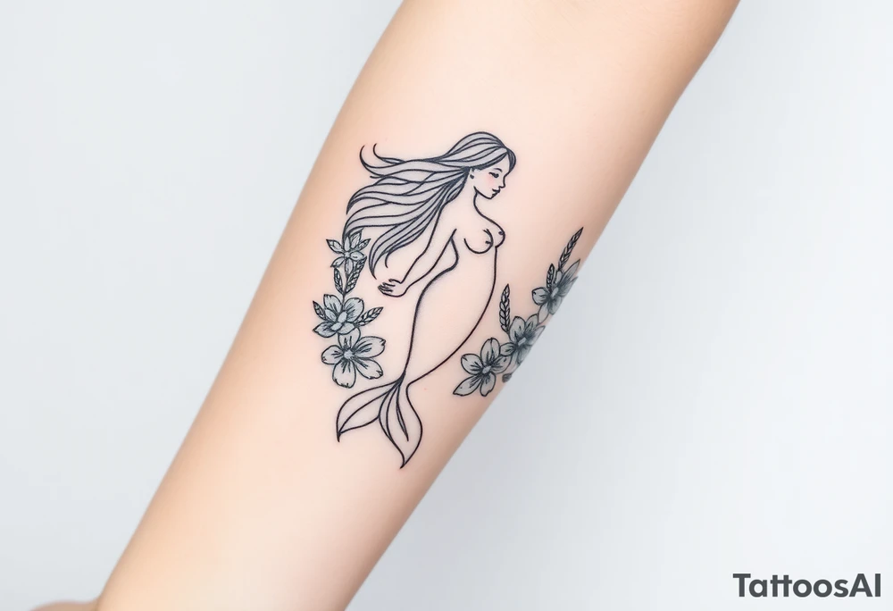 ethereal mermaid with flowing hair among coral and sea flowers tattoo idea