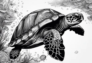 A serene turtle swimming underwater, detailed shell patterns visible, symbolizing patience and longevity.” tattoo idea