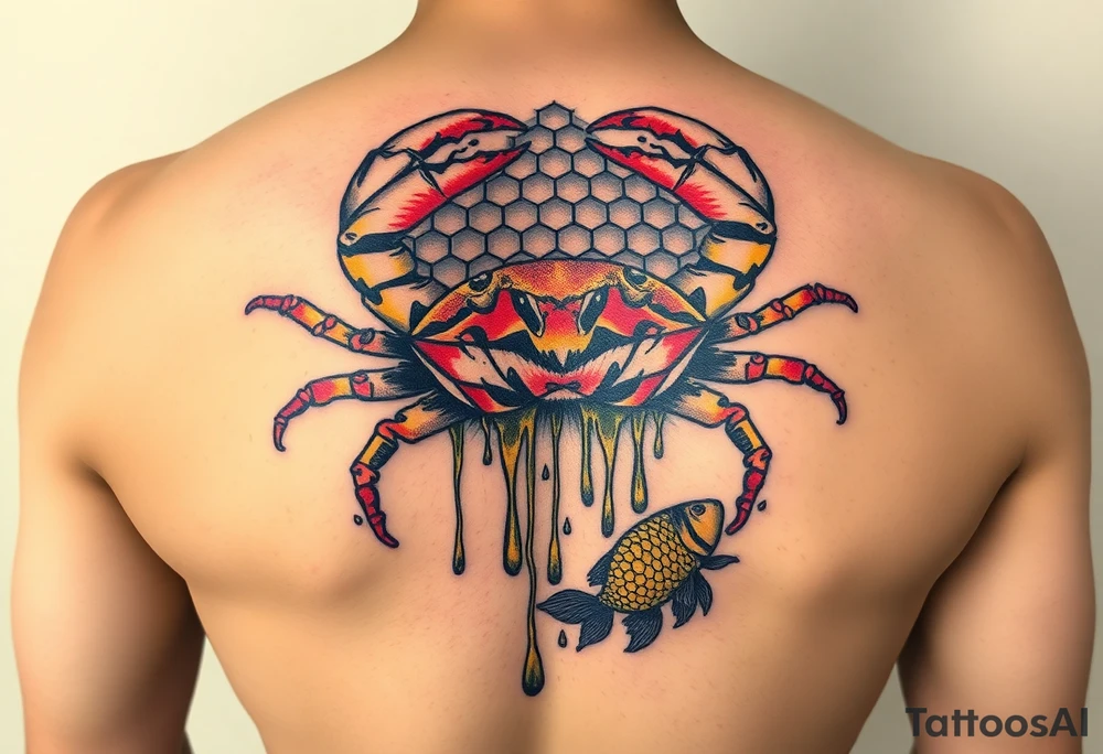Powerful crab surrounded by dripping honey comb and coi fish tattoo idea