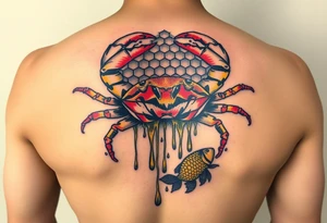 Powerful crab surrounded by dripping honey comb and coi fish tattoo idea