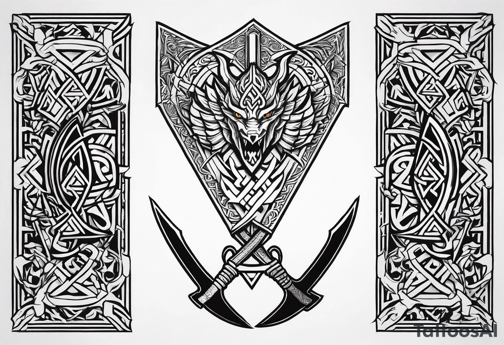 Valhalla sword shield dragon axe Valknut tattoo idea