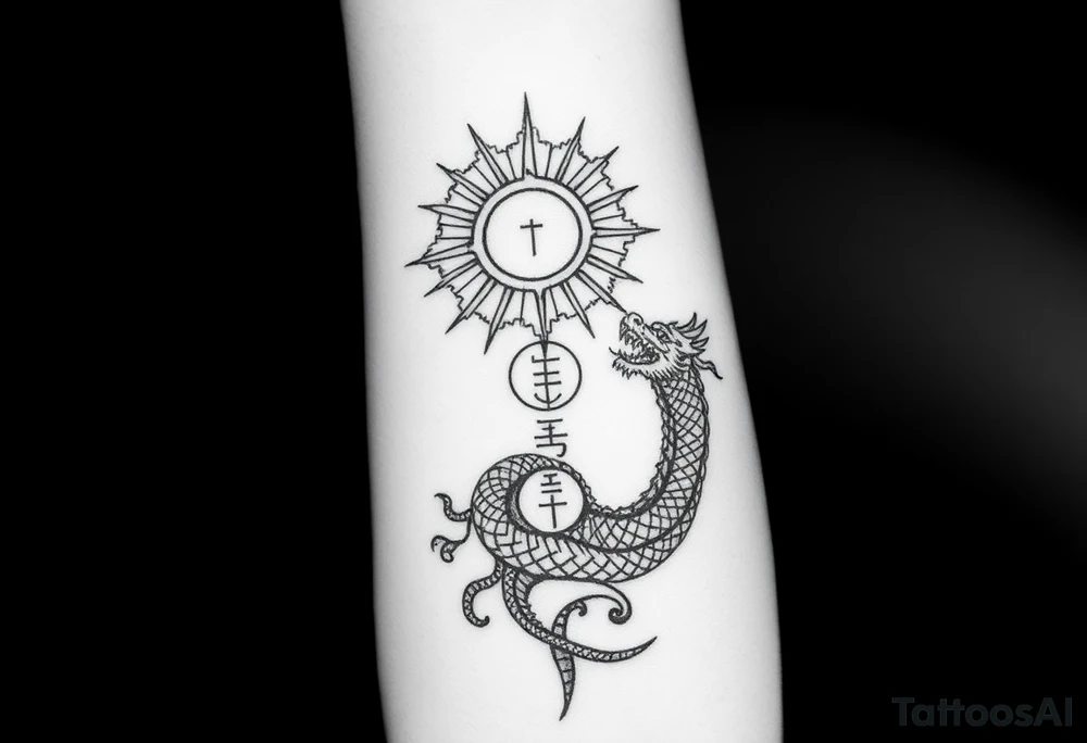 Full blackwork tattoo from hand to elbow.
	•	Hand centerpiece: Vegvisir in rough rune style, surrounded by a radiant Thai sun disc.
	•	Fingers: One rune on each — Tiwaz (thumb), Eiwaz, Algiz, Sowilo, Ansuz (pinky) — in carved bone style.
	•	Forearm: A coiling dragon/serpent with Japanese flow and a Nordic beast head.
	•	Inside dragon loop: Yin-Yang with broken runic circle; optional tiny sun & moon inside.
	•	Inner forearm: Vertical script — either Japanese (武士道) or Old Norse runes (ᚺᚢᚷᚱ ᛖᚱ ᛋᛏᛖᚱᚲᚱ).
	•	Background: Nordic knotwork, Thai swirls, Japanese wave lines. tattoo idea