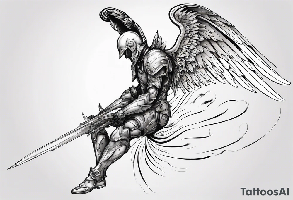 Side view of an angel wearing inorganic armor that is in mid-air in attack position. tattoo idea