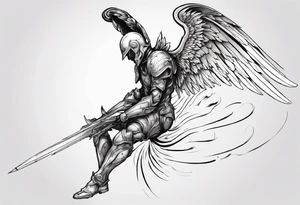 Side view of an angel wearing inorganic armor that is in mid-air in attack position. tattoo idea