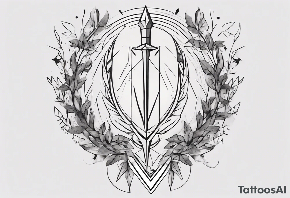 Create a small tattoo with Athena's spear and shield using geometric lines and shapes. Play with symmetry and abstraction to create a visually striking composition. Add vines gracefully intertwining at a central point in the middle of the wreath.
The intended placement is on the upper chest. The overall design should be small in size while maintaining a delicate and artistic aesthetic. Pay attention to the graceful flow of the vines and the placement of the irises to achieve a refined and elegant look. tattoo idea