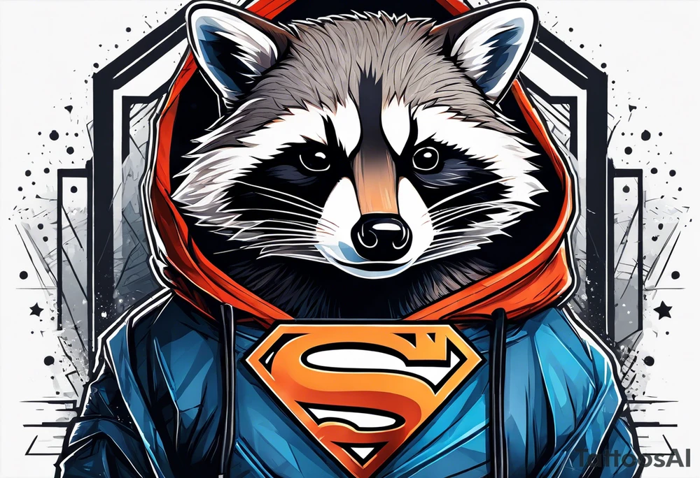 Raccoon wearing a white Superman logo on a black hoodie tattoo idea