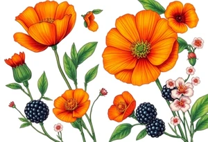California wildflowers, poppies.  an actual orange fruit and orange blossoms. Blackberries plant/flower. tattoo idea